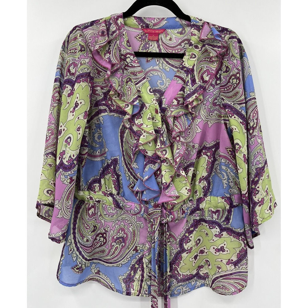 Sunny Leigh Blouse Ruffle Neck Boho Paisley Print Size Medium Semi Sheer